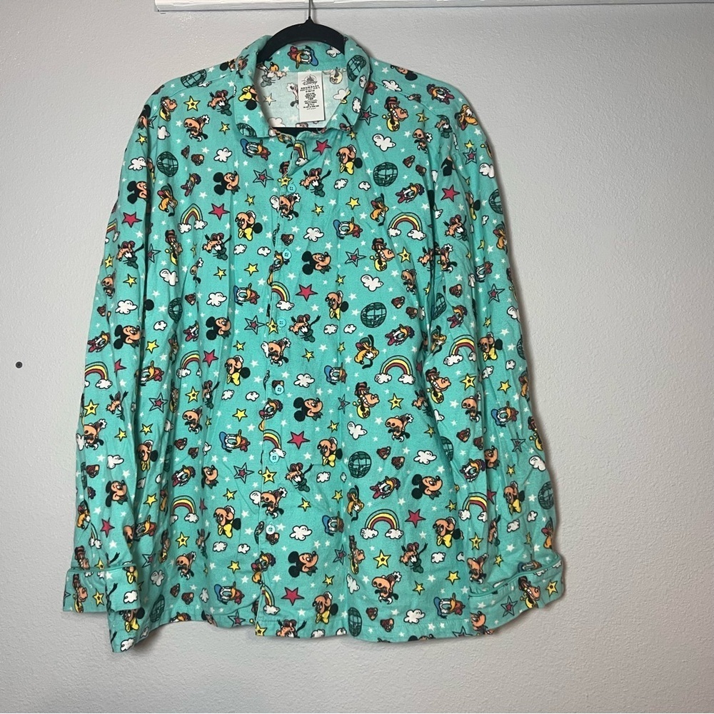 Disney Flannel Pajama Set Mens Size XL Buttom Up Green Sensational Six